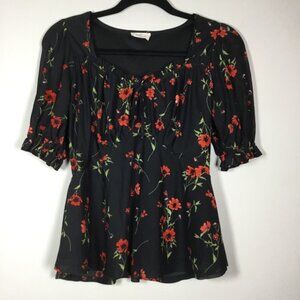 Black with blowers floaty babydoll top sheer short sleeves flare waist size S